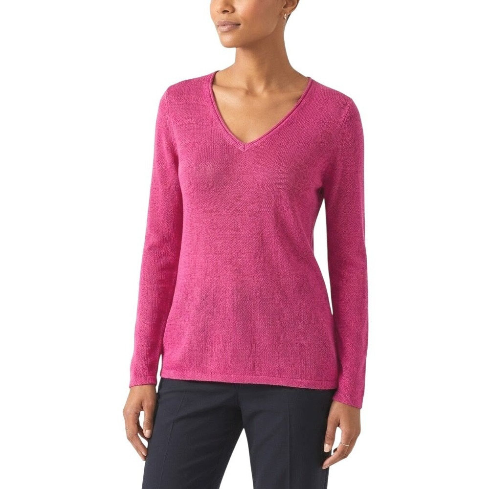 J.McLaughlin Sweater Womens S Pink V-Neck Open Knit Cotton Blend Preppy Casual